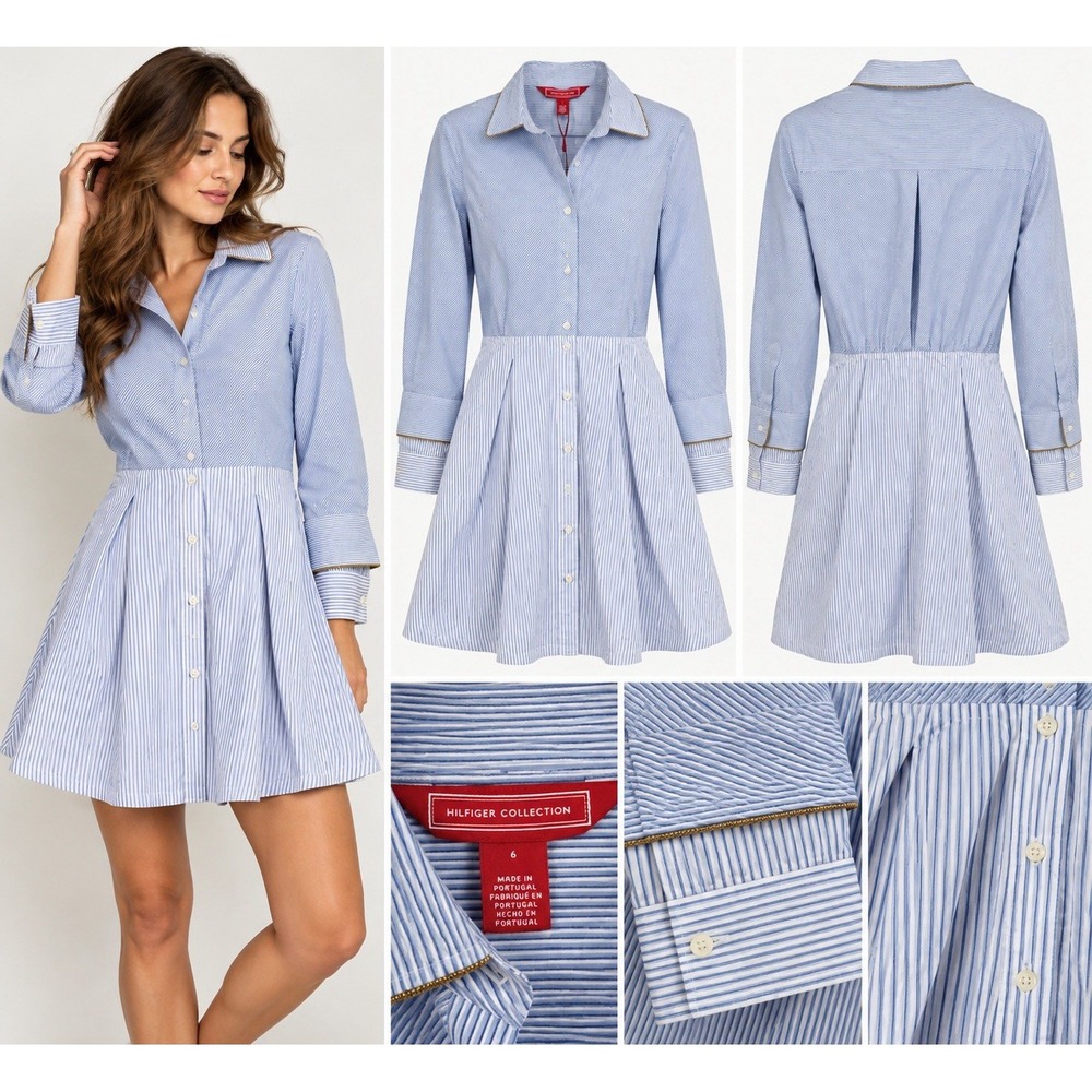 Hilfiger Collection Dress Size 6 Blue Stripe Cotton Shirt Dress NWT NEW Coastal